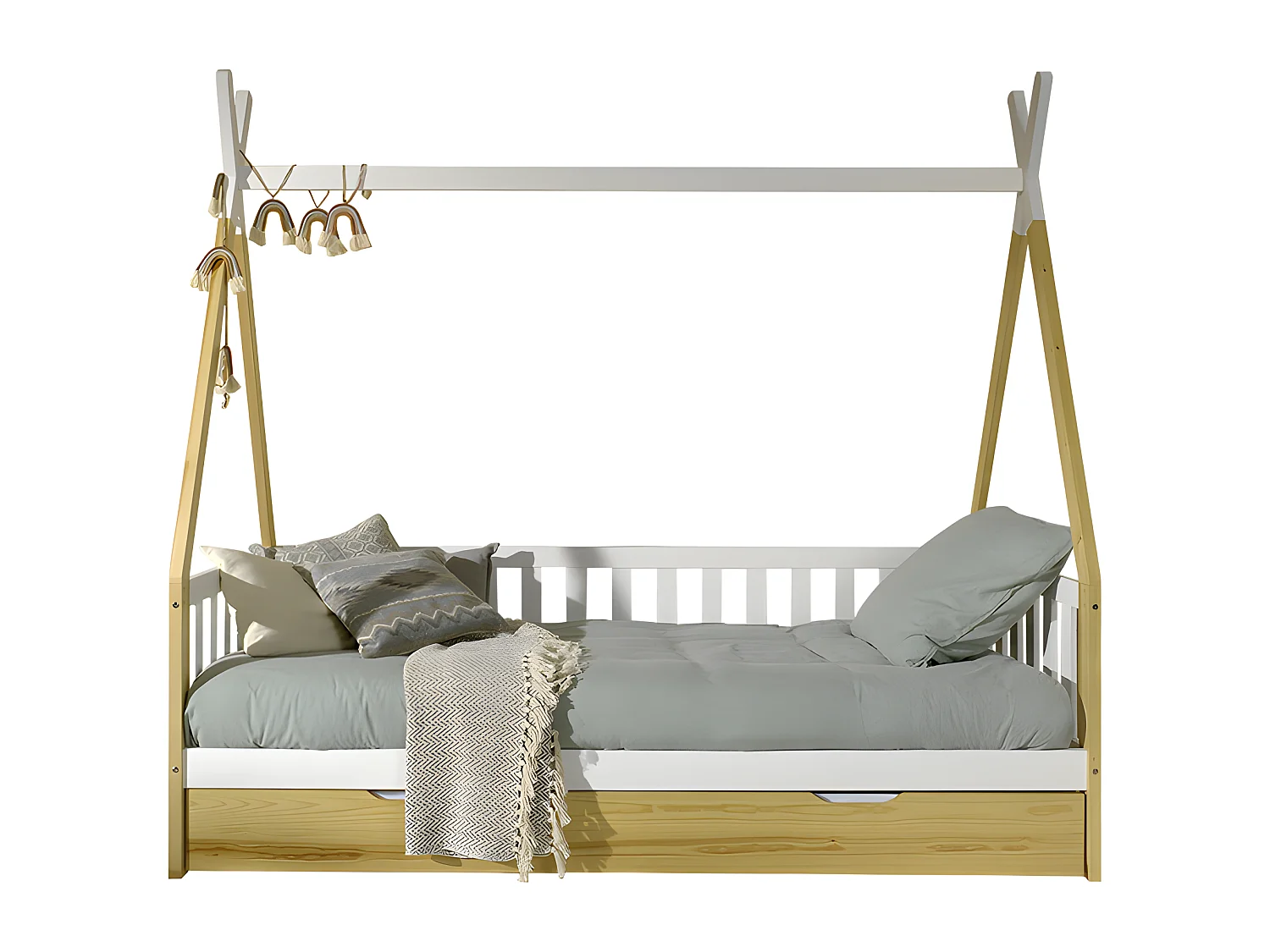 Lit Enfant, Barrière & Tiroir "Tipi" 90x200cm Blanc & Naturel