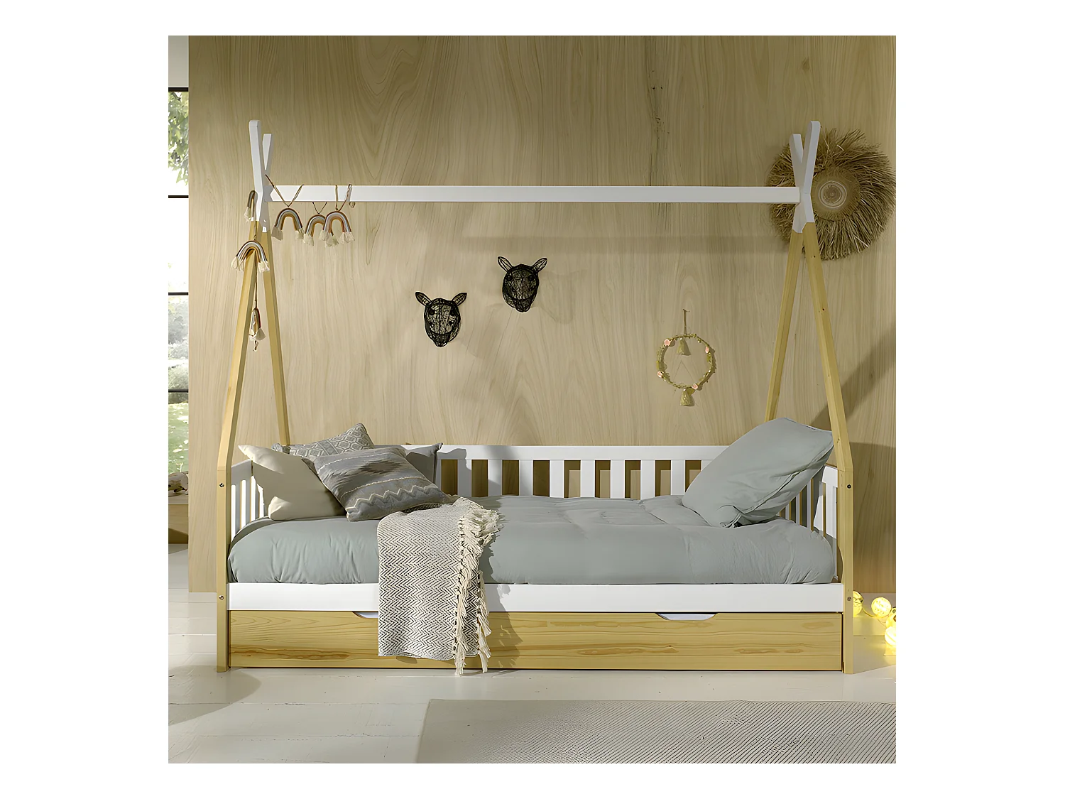 Lit Enfant, Barrière & Tiroir "Tipi" 90x200cm Blanc & Naturel