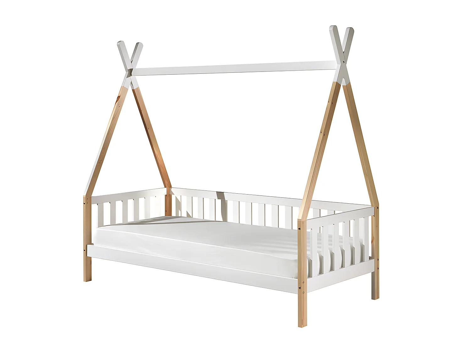 Lit Enfant, Barrière & Tiroir "Tipi" 90x200cm Blanc & Naturel