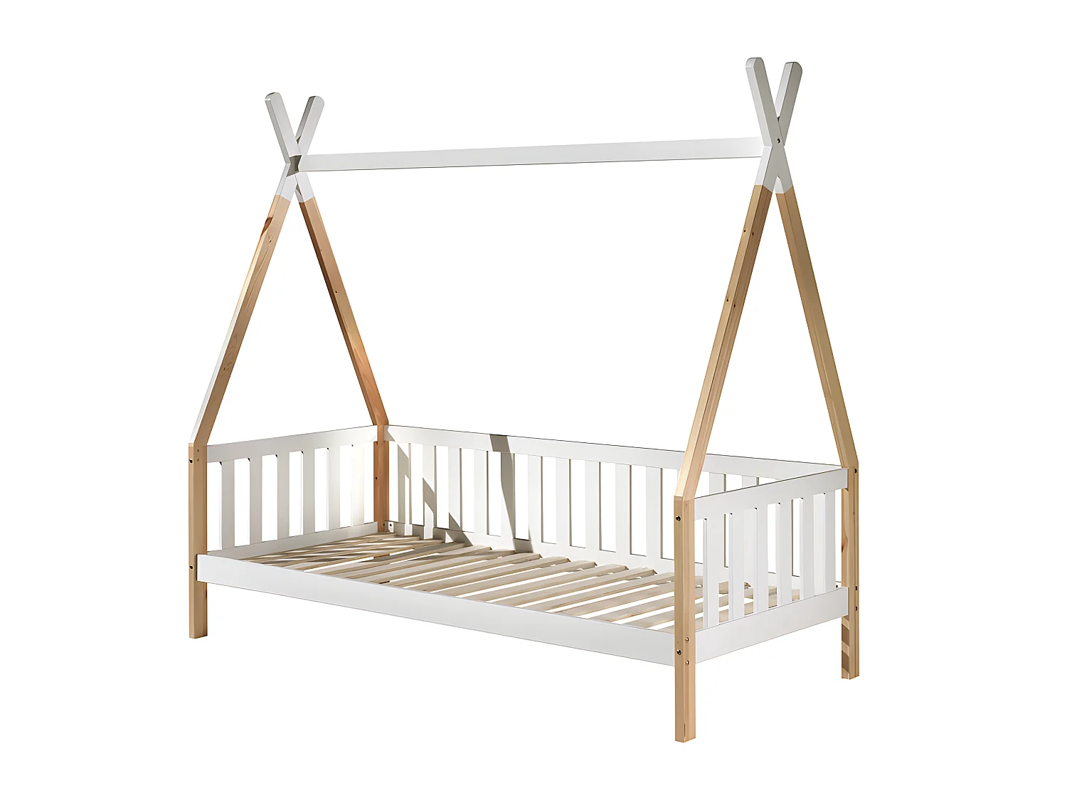 Lit Enfant, Barrière & Tiroir "Tipi" 90x200cm Blanc & Naturel