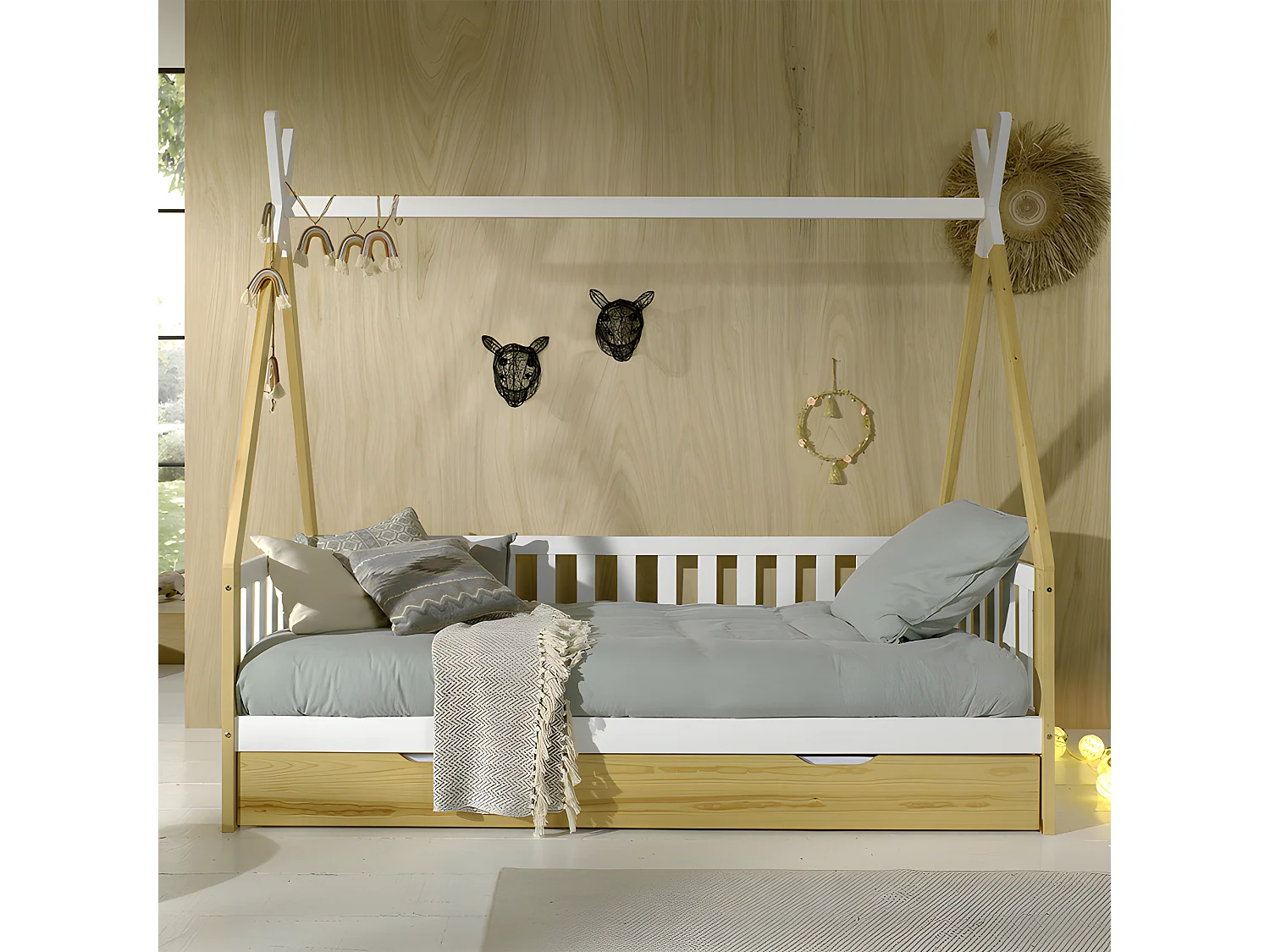 Lit Enfant, Barrière & Tiroir "Tipi" 90x200cm Blanc & Naturel