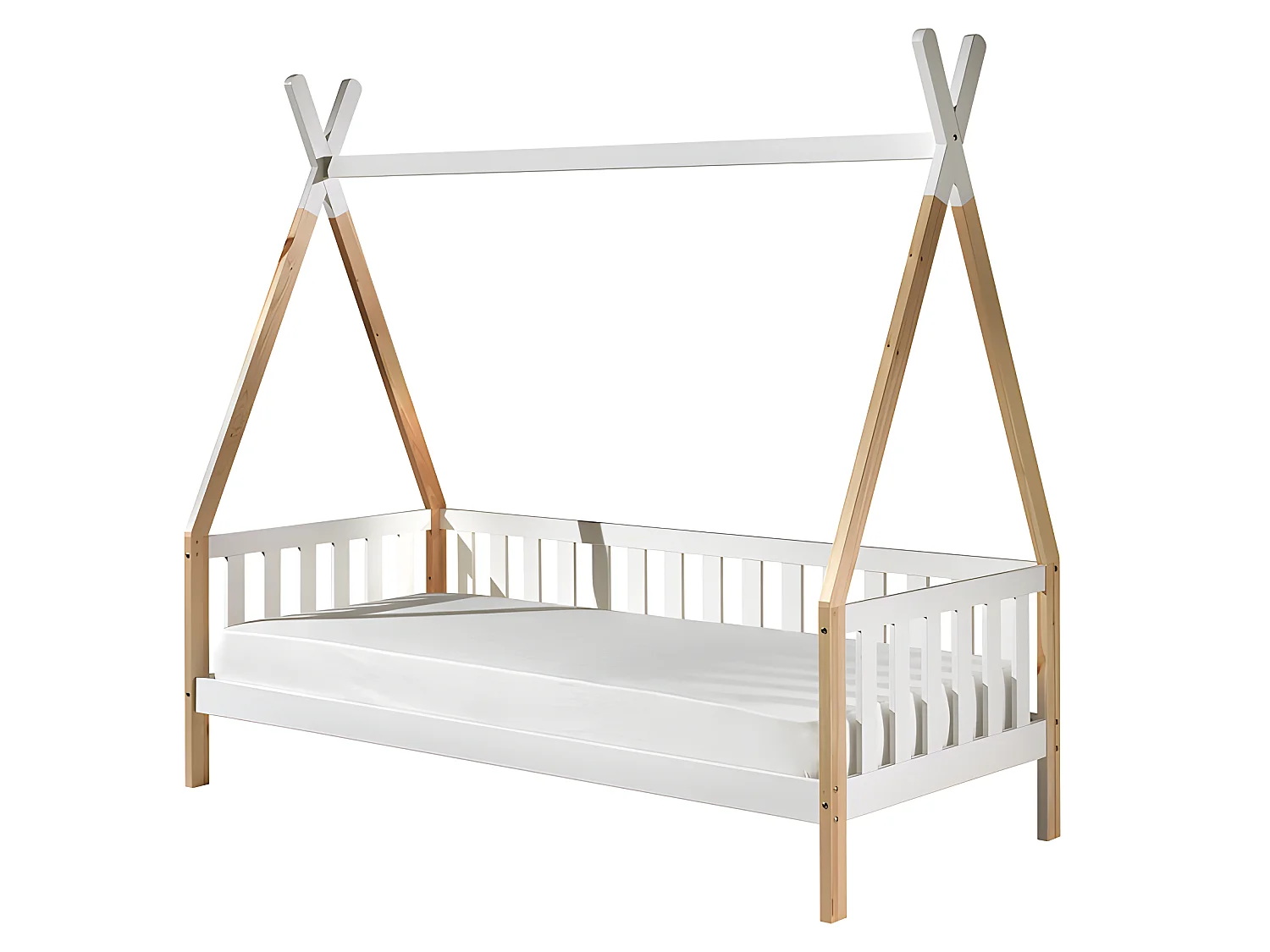 Lit Enfant, Barrière & Tiroir "Tipi" 90x200cm Blanc & Naturel