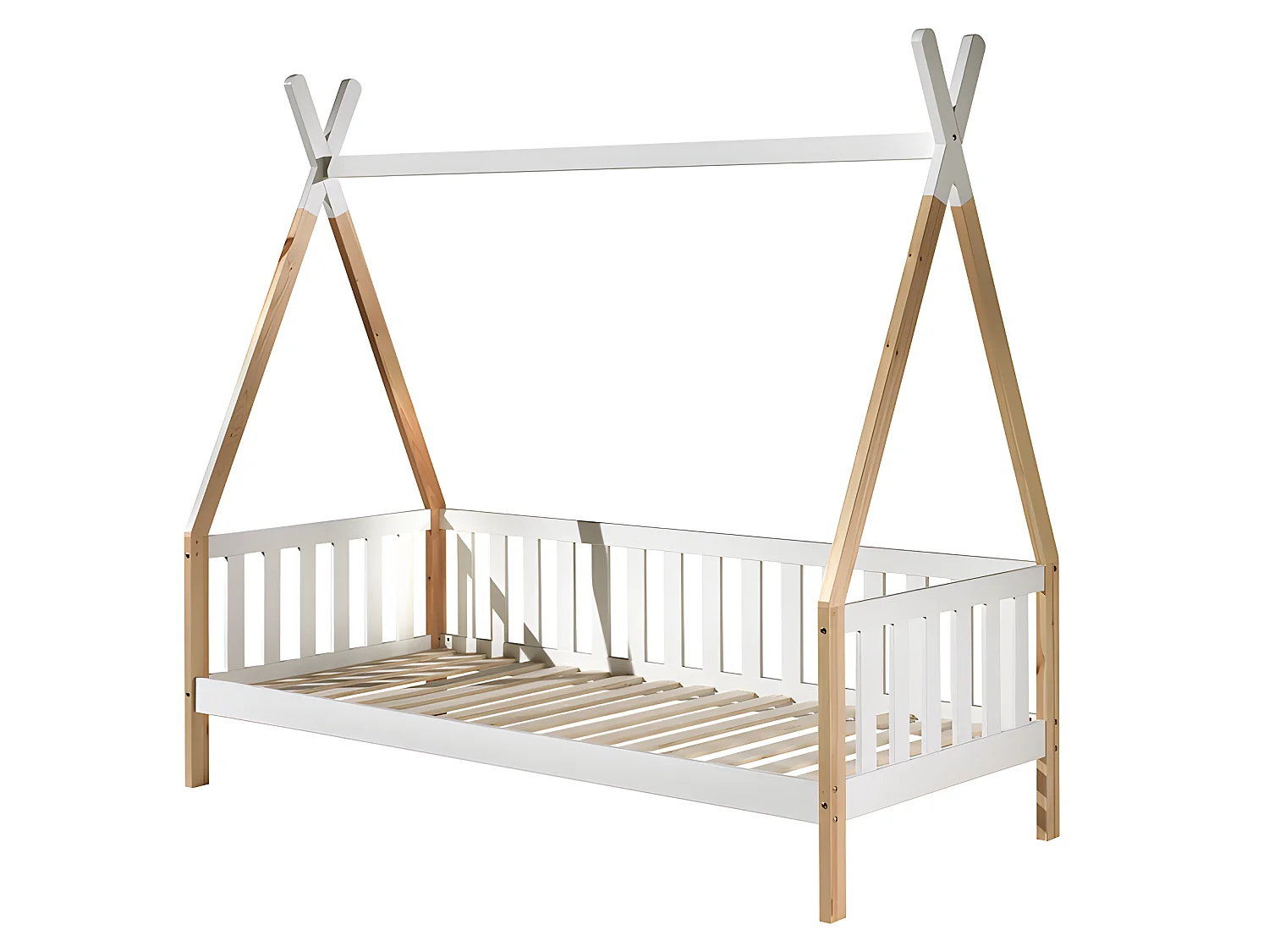 Lit Enfant, Barrière & Tiroir "Tipi" 90x200cm Blanc & Naturel