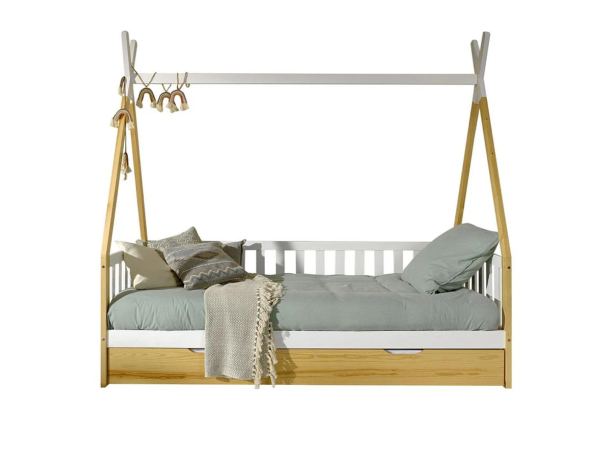 Lit Enfant, Barrière & Tiroir "Tipi" 90x200cm Naturel & Blanc