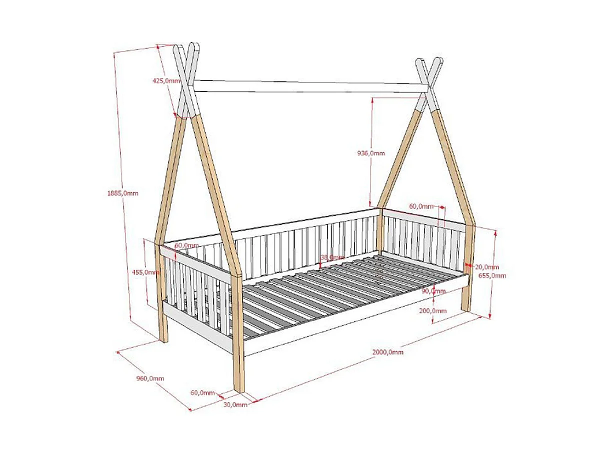 Lit Enfant, Barrière & Tiroir "Tipi" 90x200cm Naturel & Blanc