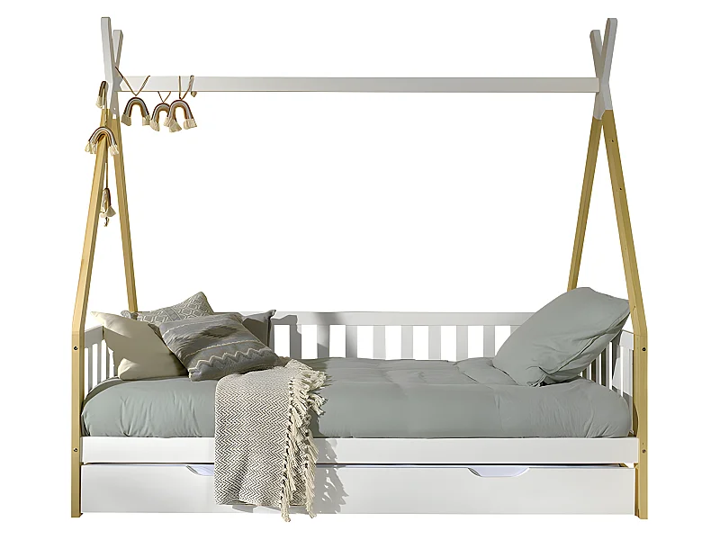Lit Enfant, Barrière & Tiroir "Tipi" 90x200cm Blanc
