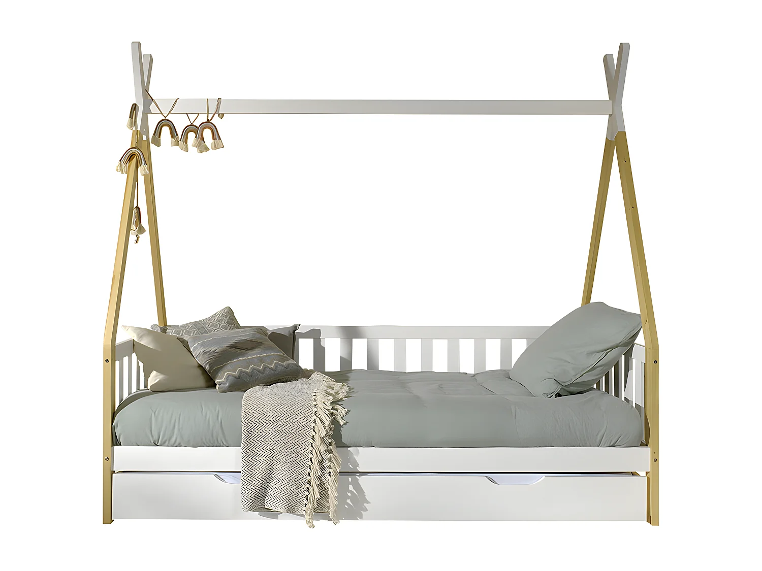 Lit Enfant, Barrière & Tiroir "Tipi" 90x200cm Blanc