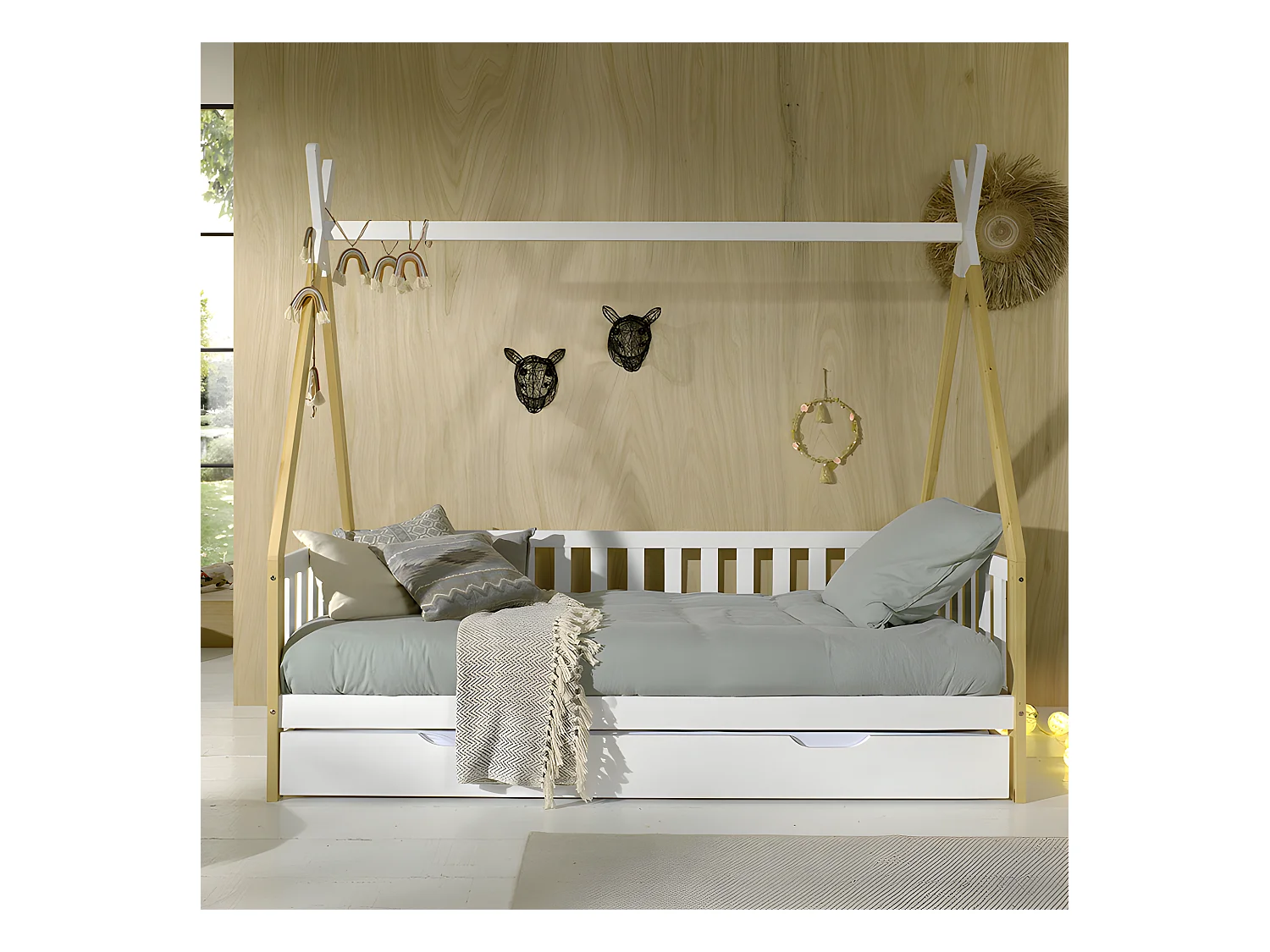 Lit Enfant, Barrière & Tiroir "Tipi" 90x200cm Blanc