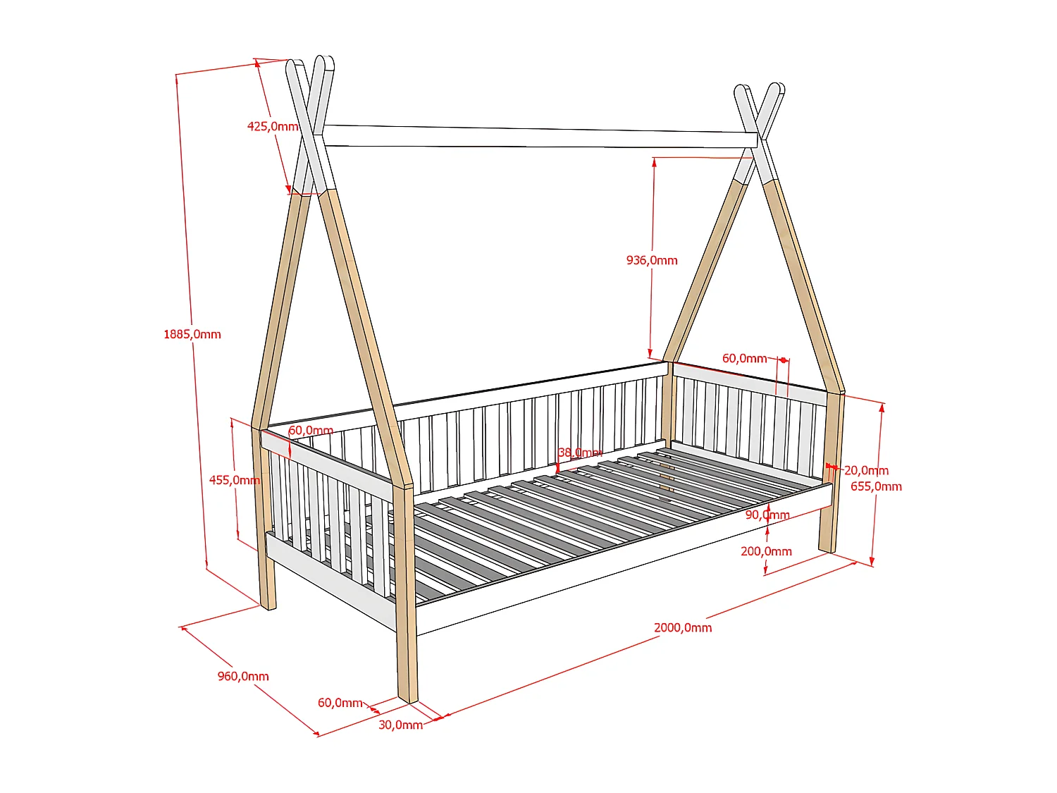 Lit Enfant, Barrière & Tiroir "Tipi" 90x200cm Blanc