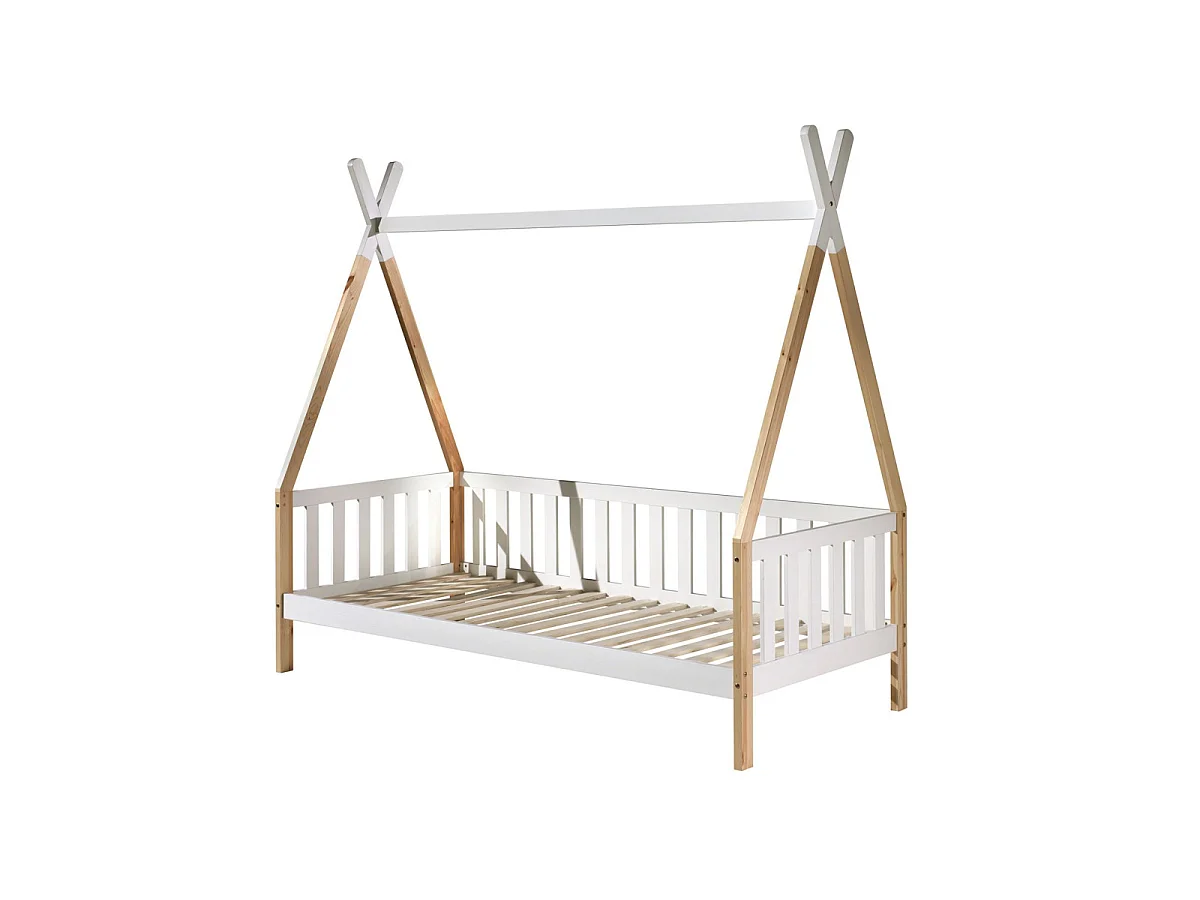 Lit Enfant, Barrière & Tiroir "Tipi" 90x200cm Blanc & Naturel