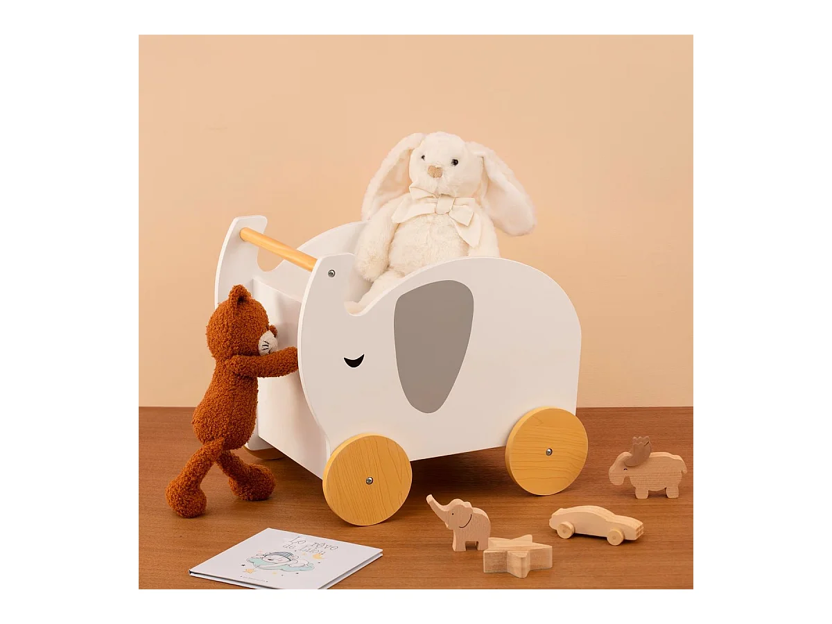 Chariot Coffre à jouets Éléphant en bois blanc