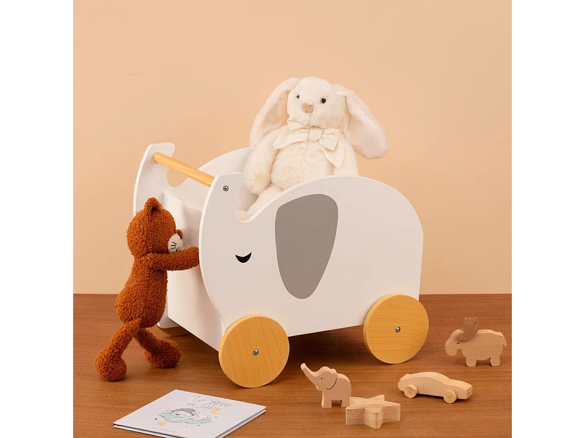 Chariot Coffre à jouets Éléphant en bois blanc