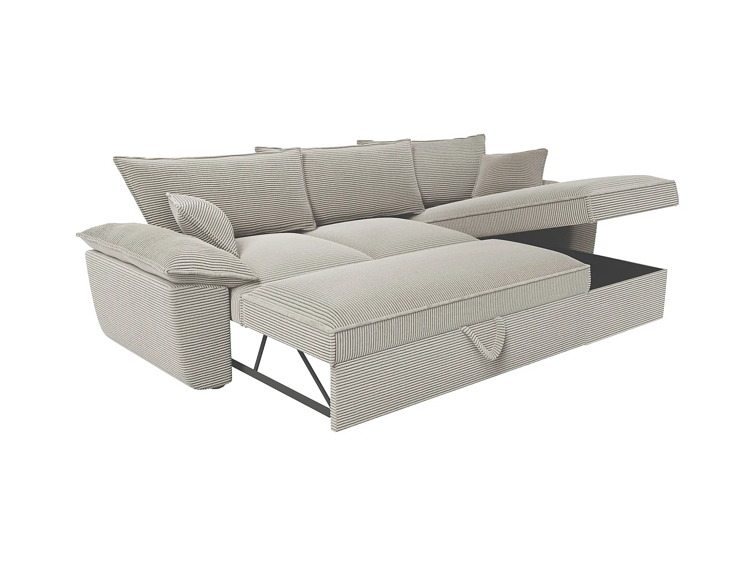 Sofá de canto direito convertível em veludo canelado cinzento-claro com espaço de arrumação - GUILLERMO II