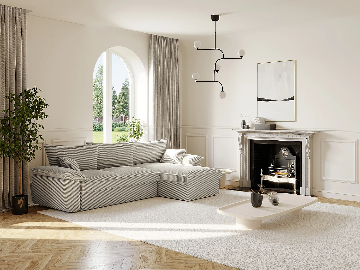 Ecksofa mit Schlaffunktion + Bettkasten - Ecke rechts - Cord - Hellgrau - GUILLERMO II