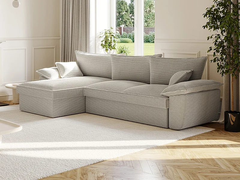 Ecksofa mit Schlaffunktion + Bettkasten - Ecke links - Cord - Hellgrau- GUILLERMO II