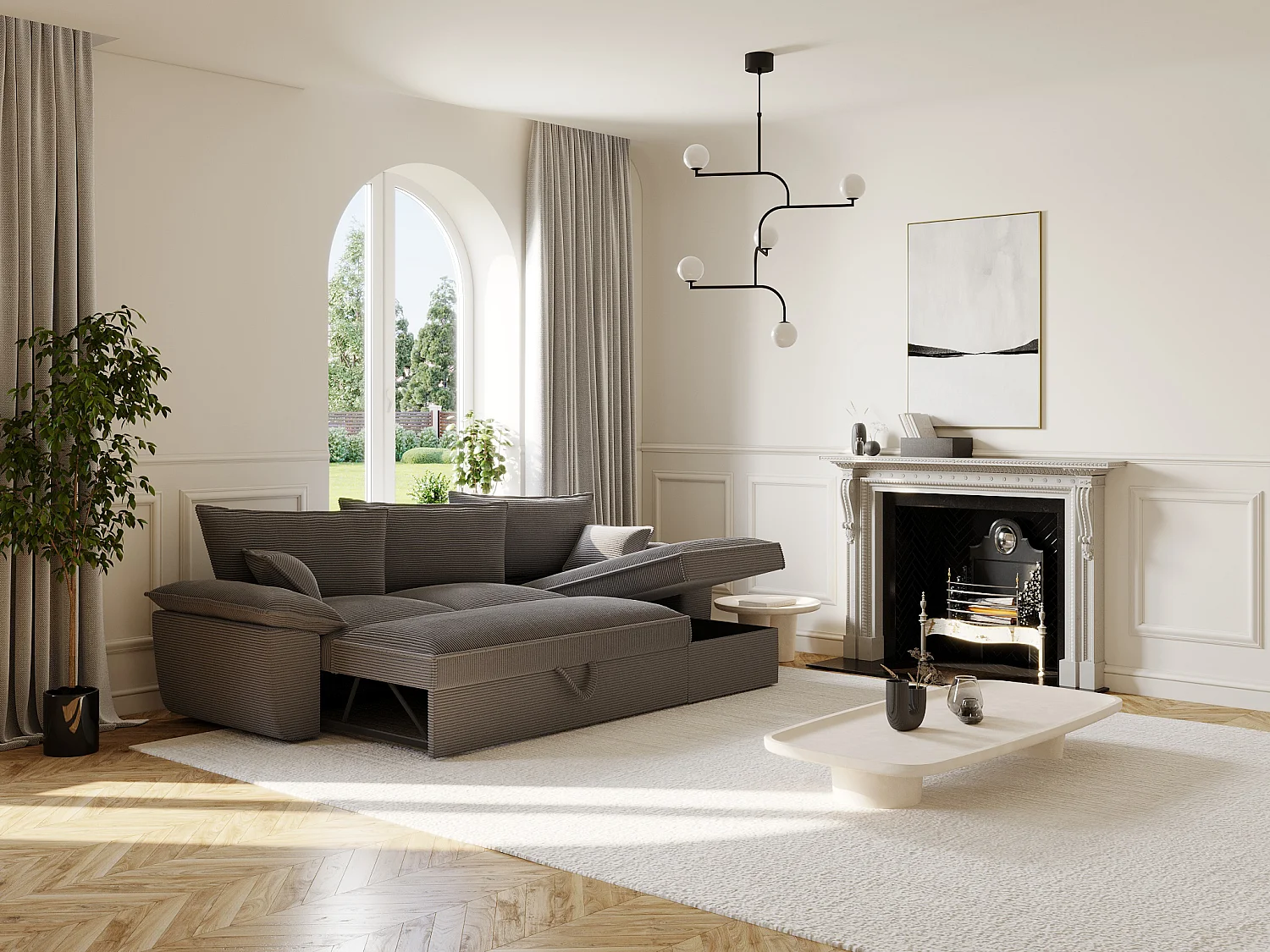 Ecksofa mit Schlaffunktion + Bettkasten - Ecke rechts - Cord - Dunkelgrau - GUILLERMO