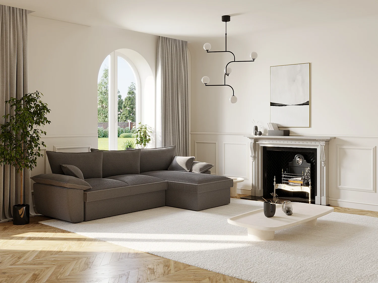 Ecksofa mit Schlaffunktion + Bettkasten - Ecke rechts - Cord - Dunkelgrau - GUILLERMO