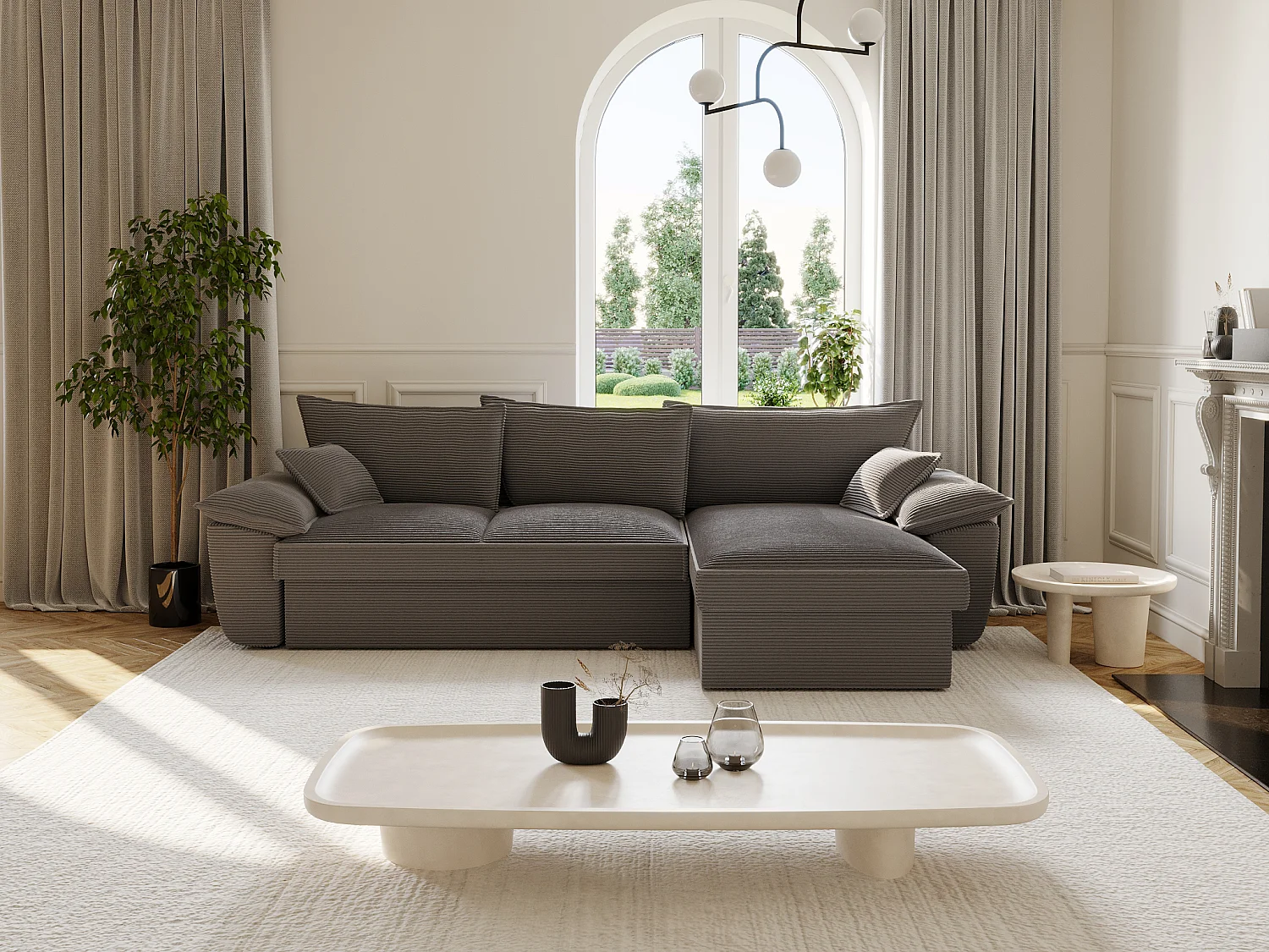 Ecksofa mit Schlaffunktion + Bettkasten - Ecke rechts - Cord - Dunkelgrau - GUILLERMO