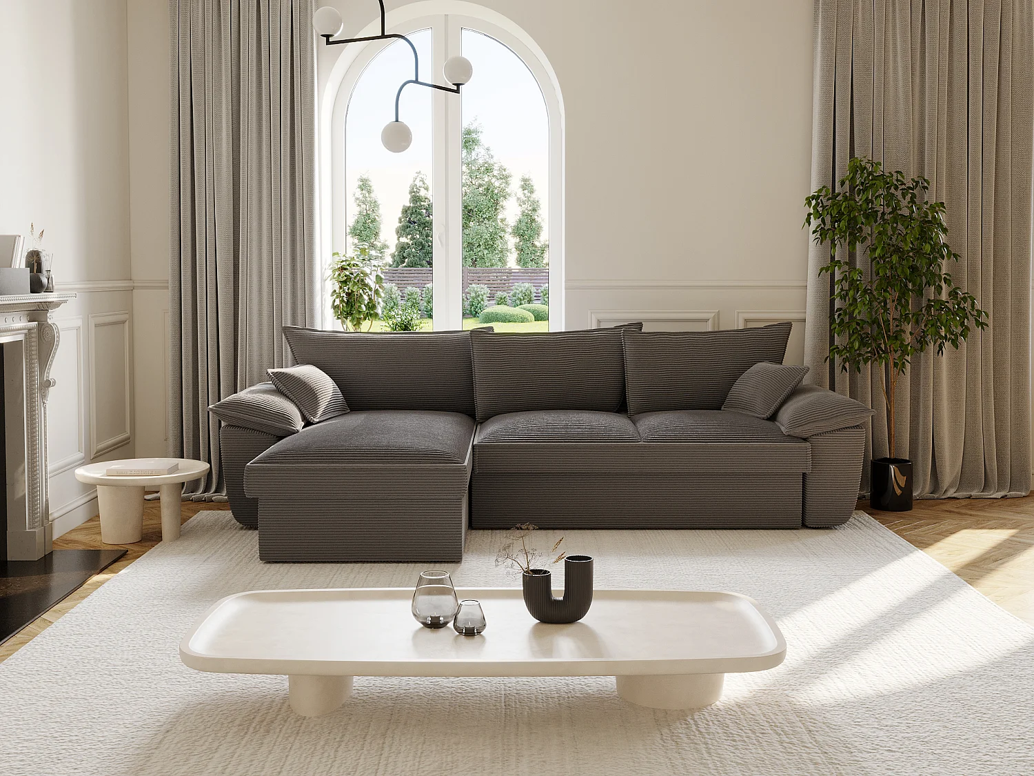 Ecksofa mit Schlaffunktion + Bettkasten - Ecke links - Cord - Dunkelgrau - GUILLERMO