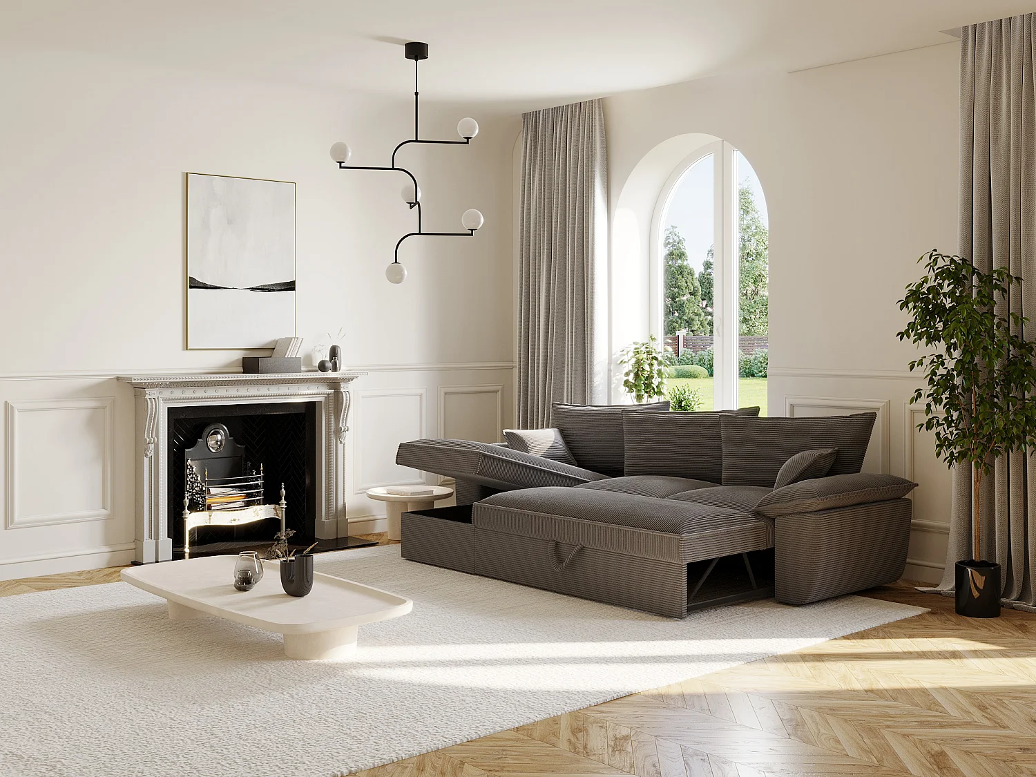 Sofá cama rinconera (ángulo izquierdo) terciopelo de canalé gris oscuro con arcón GUILLERMO II