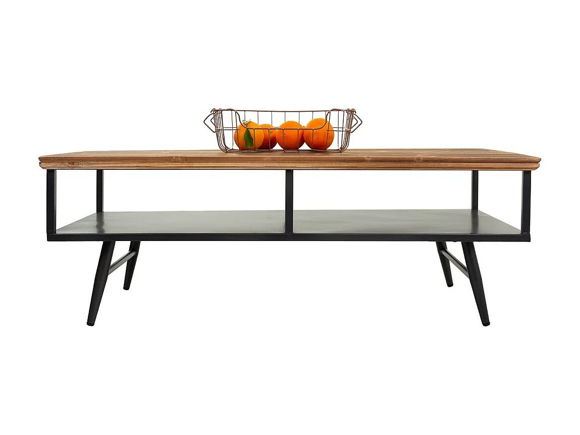 Mesa de centro preta de metal e madeira 125x65,5x44