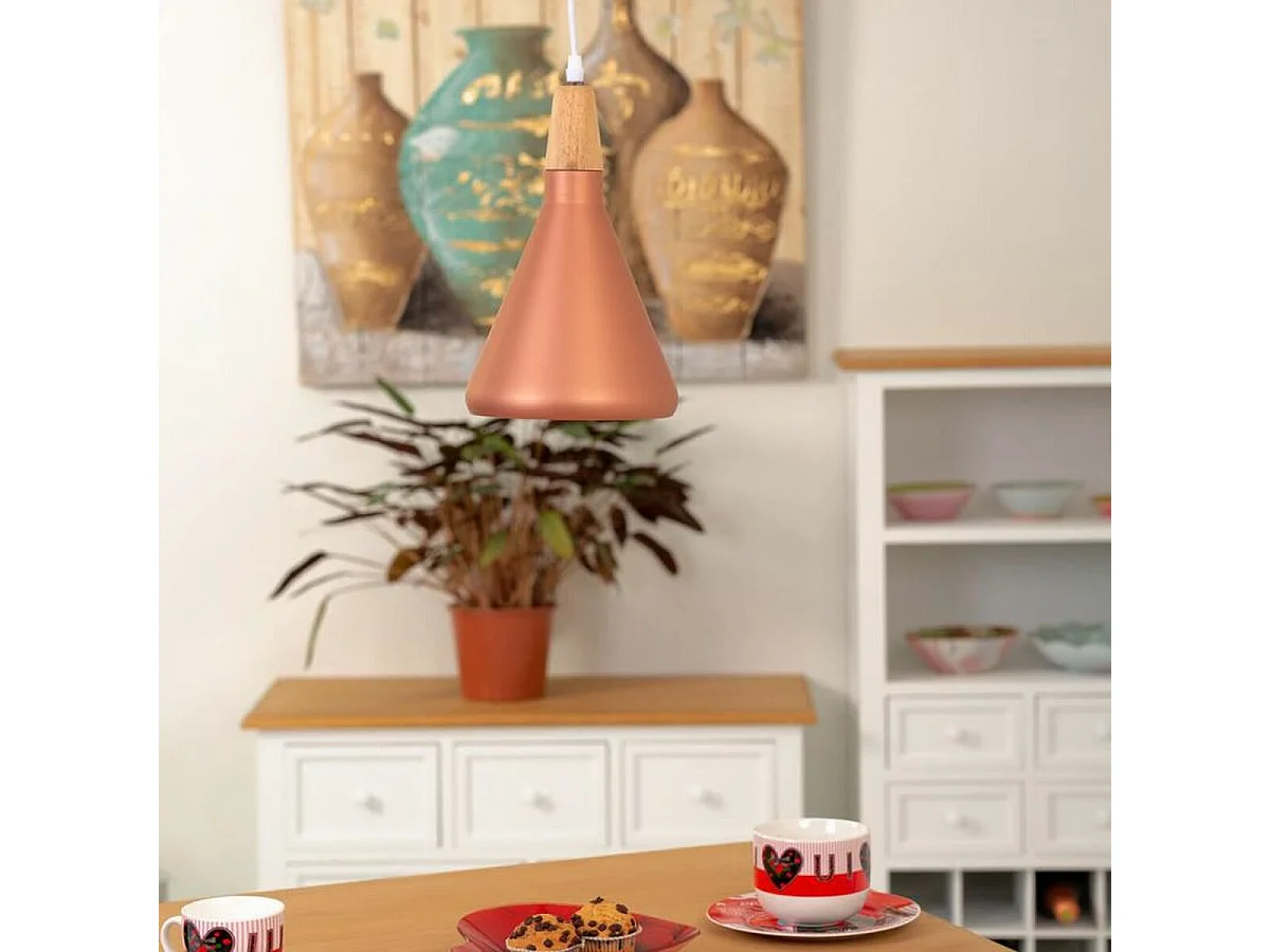 Lustre en bois et métal cuivré 18x18x31h