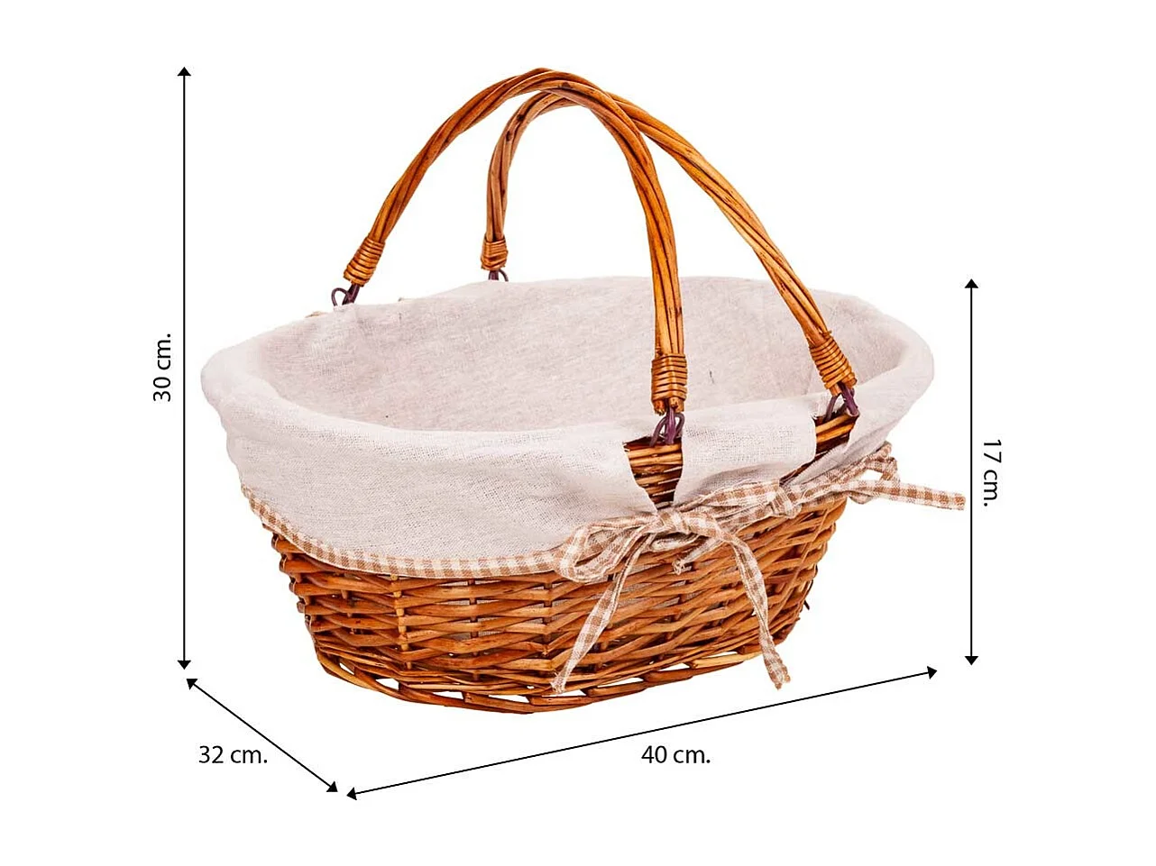 Gefütterter Weidenkorb mit braunem Klappgriff 40x32x17/30h cm