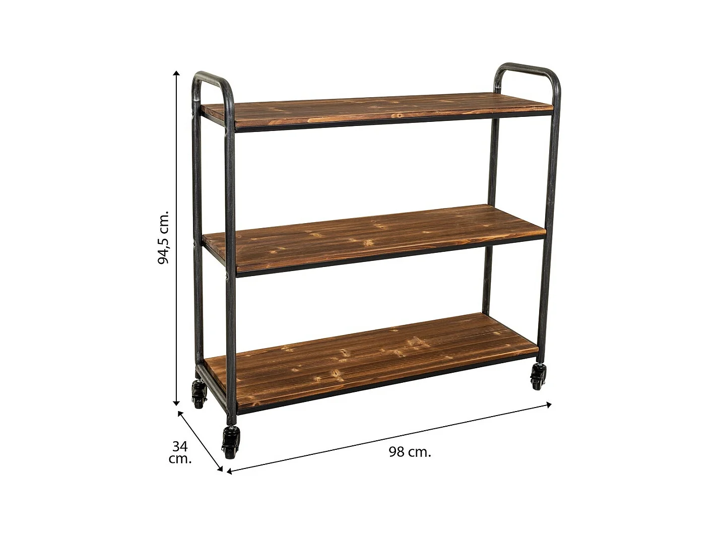 Scaffale in legno marrone e metallo con ruote 98x34x94,5h