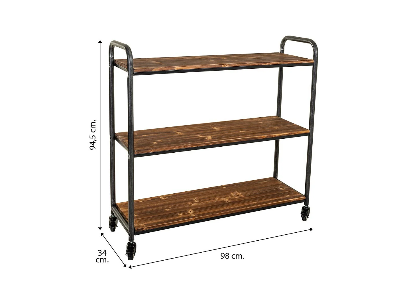 Scaffale in legno marrone e metallo con ruote 98x34x94,5h