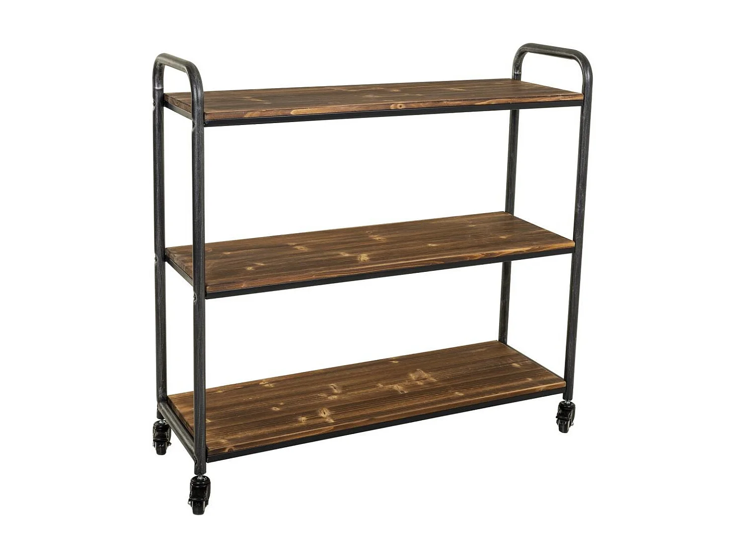 Prateleira em madeira castanha e metal com rodas 98x34x94,5