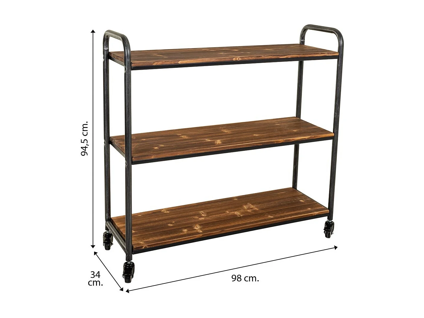 Prateleira em madeira castanha e metal com rodas 98x34x94,5