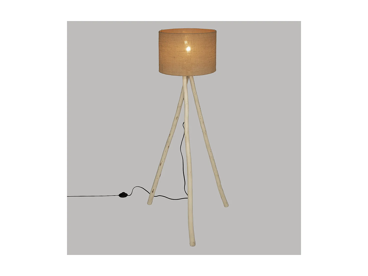 Lampadaire Trépied en Bois de Peuplier et Abat-jour en Coton H 151 cm