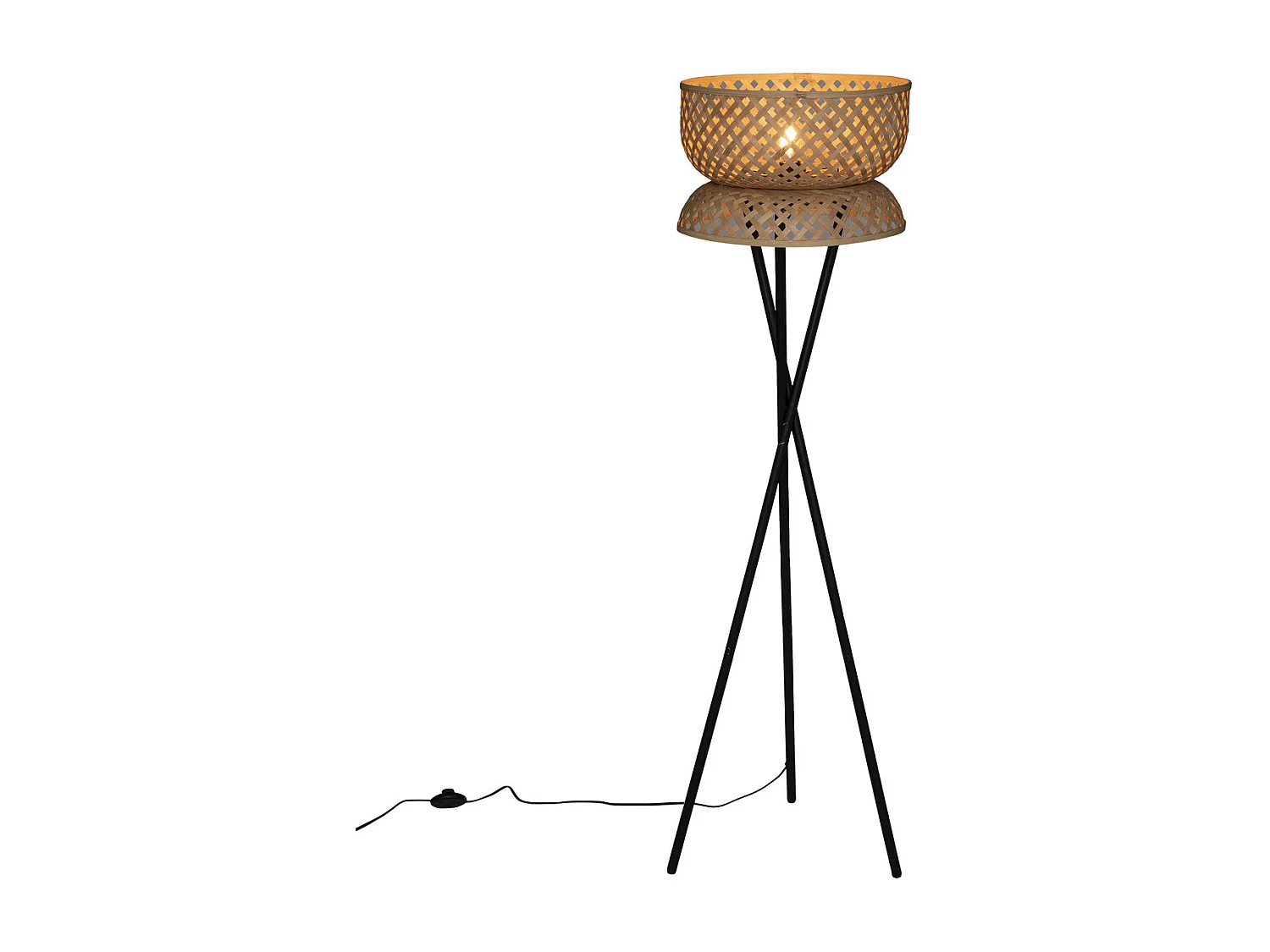 Lampadaire Trépied  en métal Noir et Abat-jour en Bambou H 145 cm