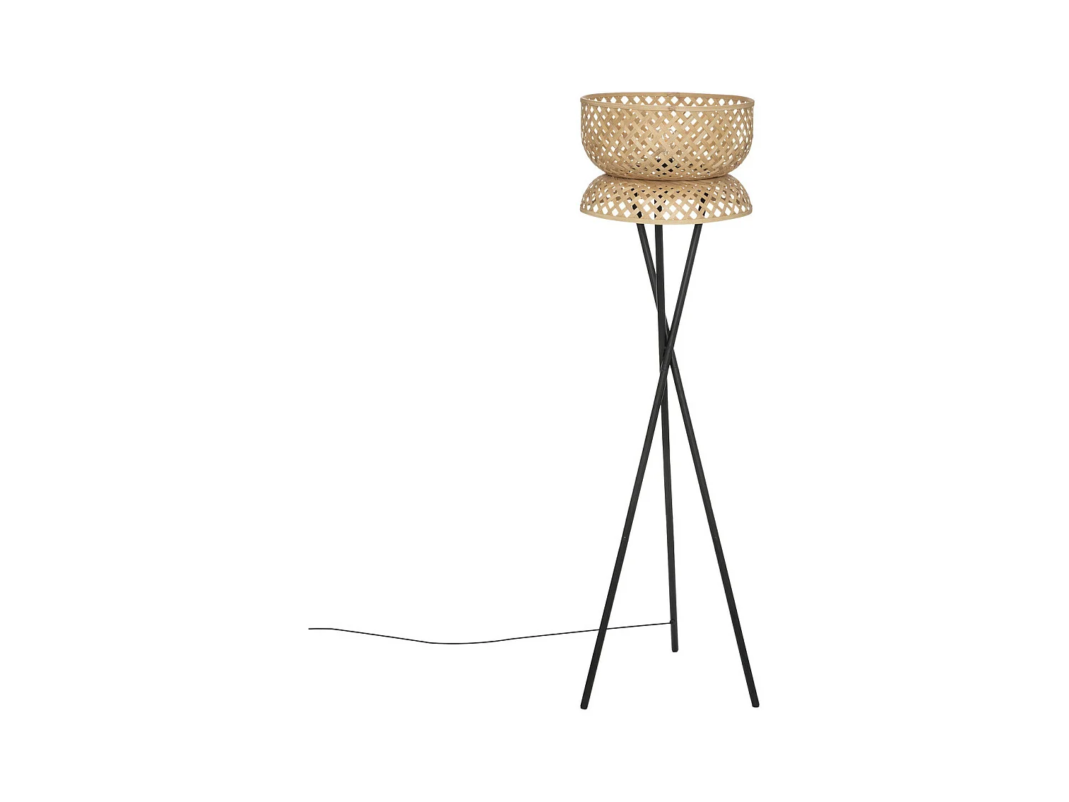 Lampadaire Trépied  en métal Noir et Abat-jour en Bambou H 145 cm