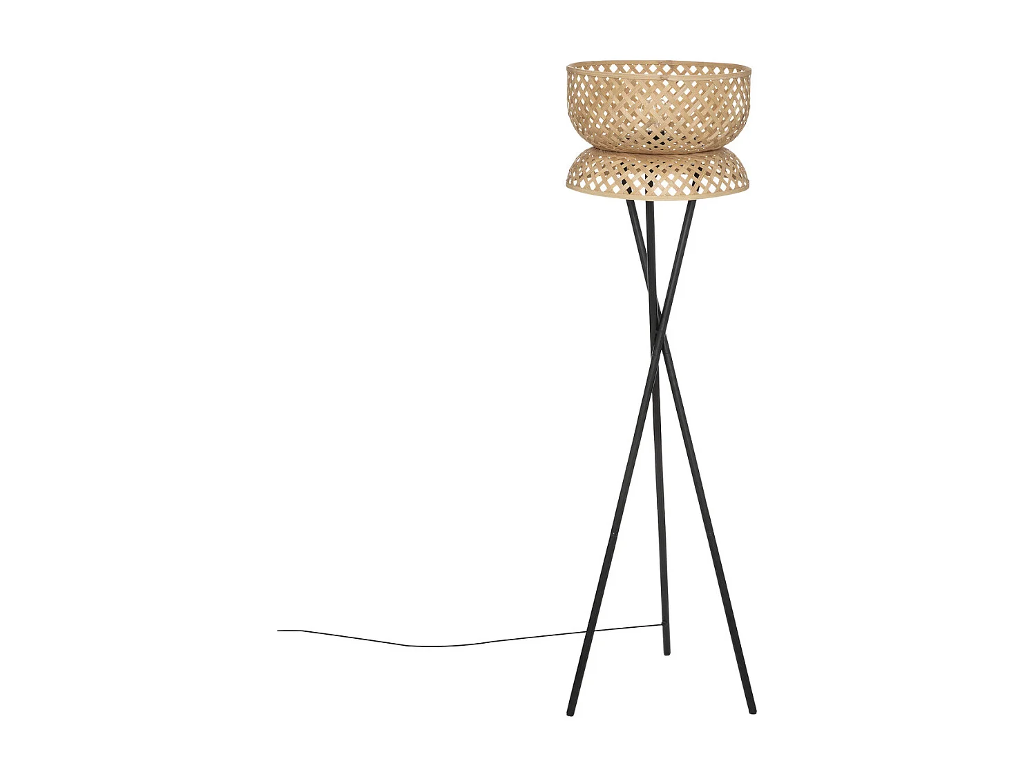 Lampadaire Trépied  en métal Noir et Abat-jour en Bambou H 145 cm