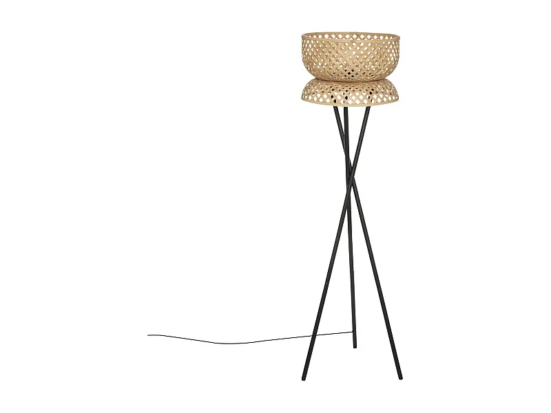 Lampadaire Trépied  en métal Noir et Abat-jour en Bambou H 145 cm