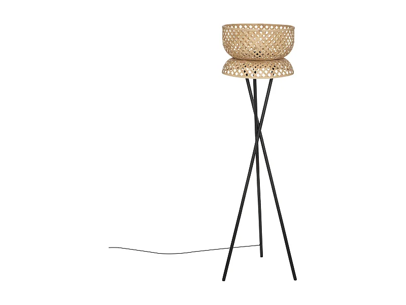 Lampadaire Trépied  en métal Noir et Abat-jour en Bambou H 145 cm