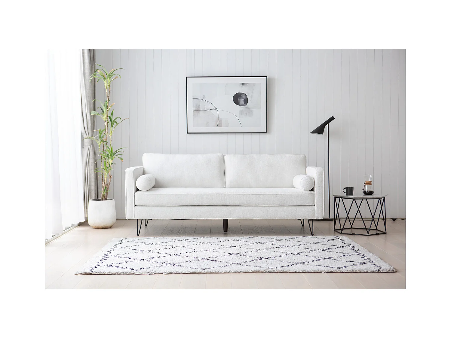 3-zitsbank in wit bouclé met metalen poten CLOUD - Scandinavisch design, comfortabel en trendy