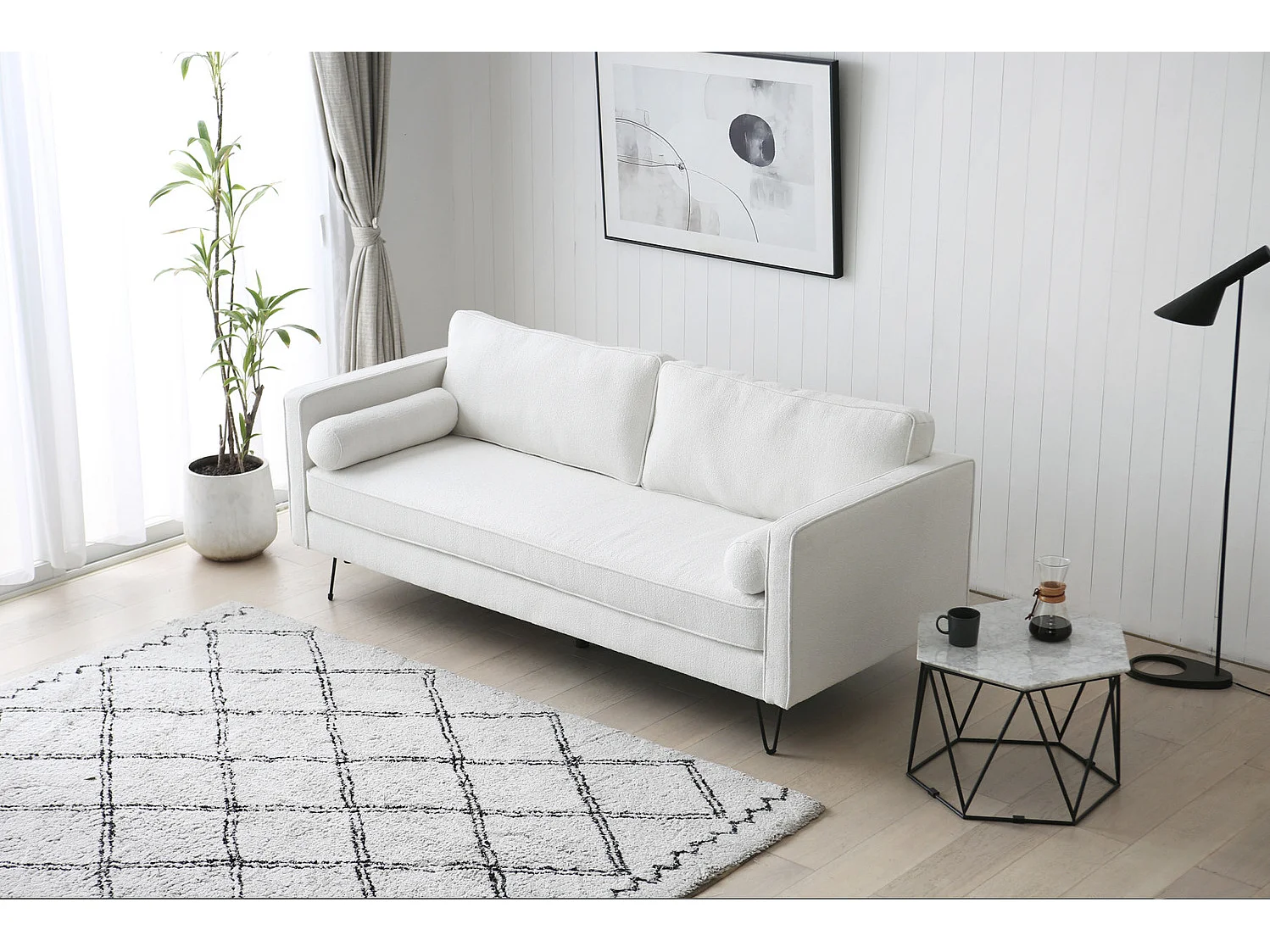 3-zitsbank in wit bouclé met metalen poten CLOUD - Scandinavisch design, comfortabel en trendy