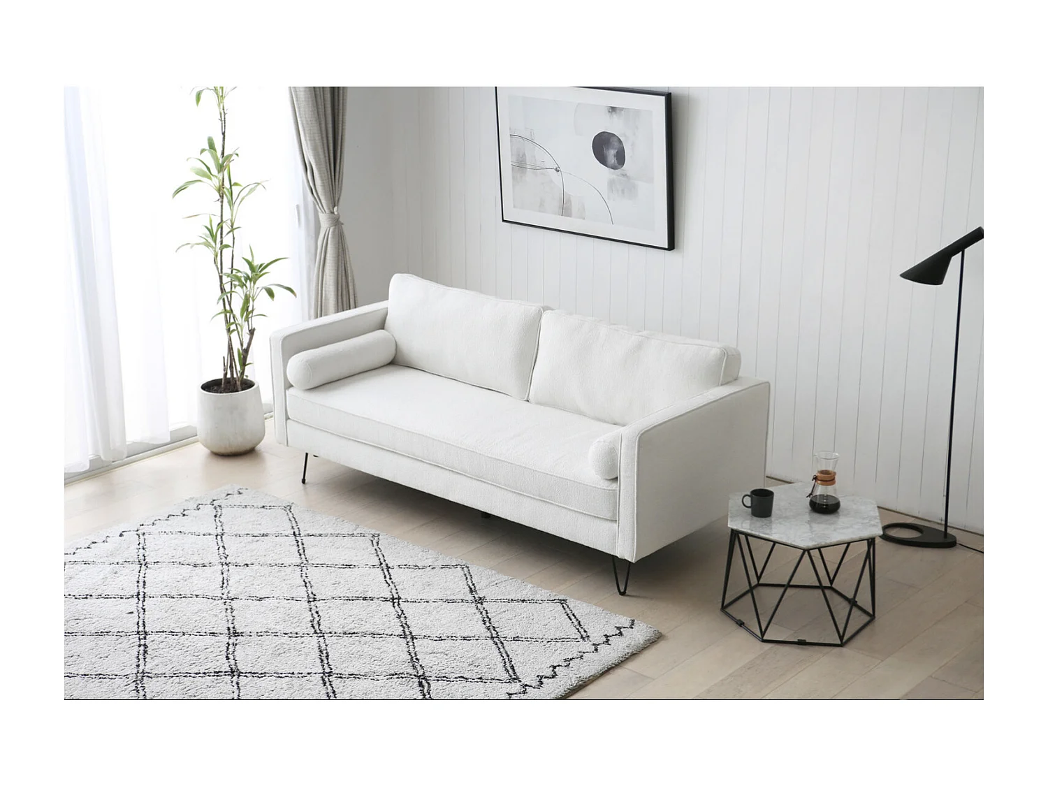 Canapé 3 places blanc bouclette et pieds métal CLOUD