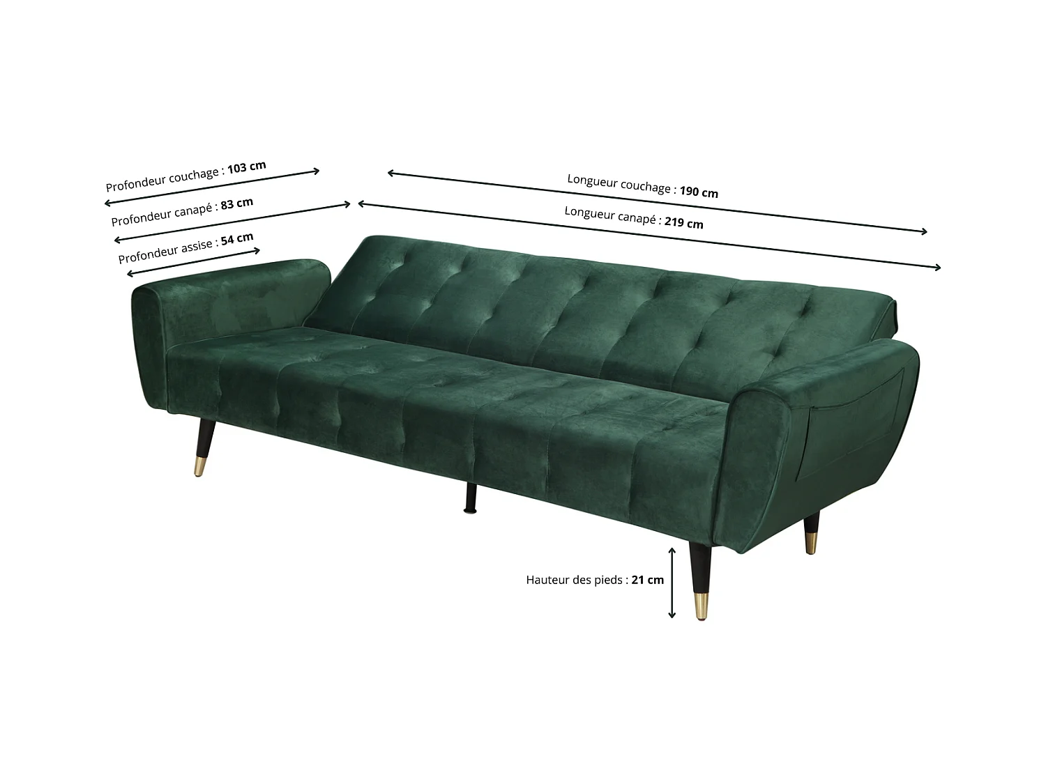 Canapé 3 places velours vert ONTARIO
