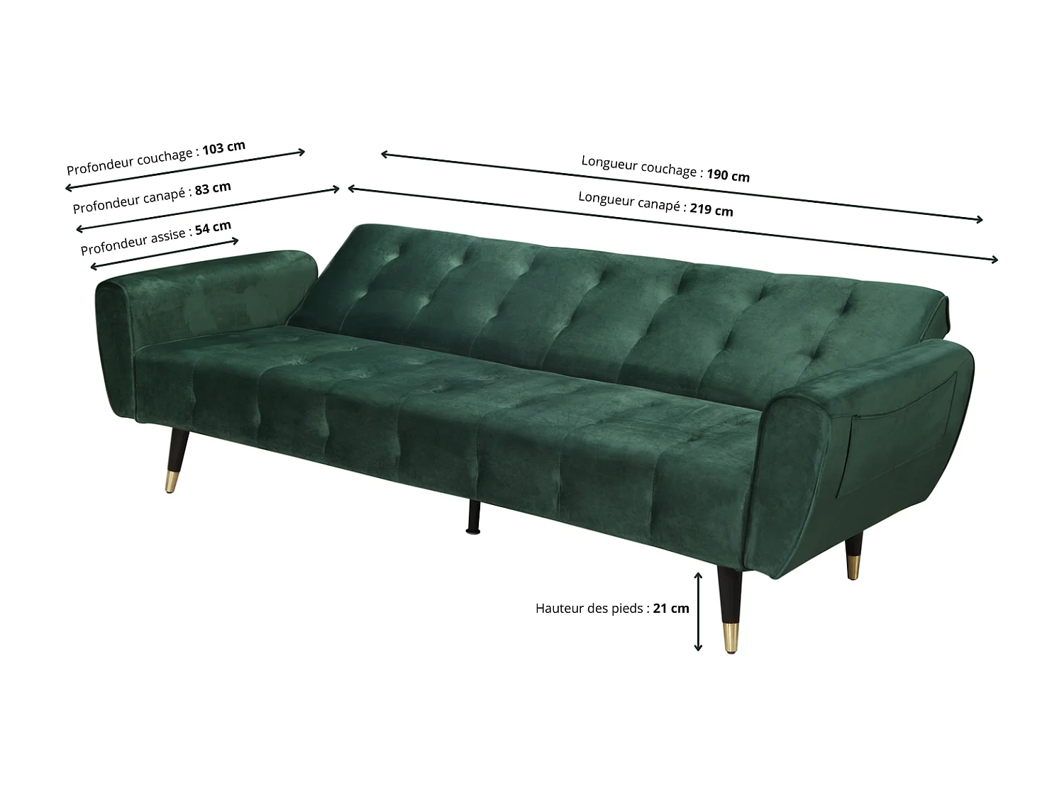 Sofá-Cama Conversível de 3 Lugares em Veludo Verde Ontario Moderno e Confortável