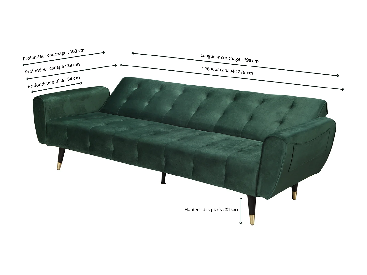 Sofá-Cama Conversível de 3 Lugares em Veludo Verde Ontario Moderno e Confortável