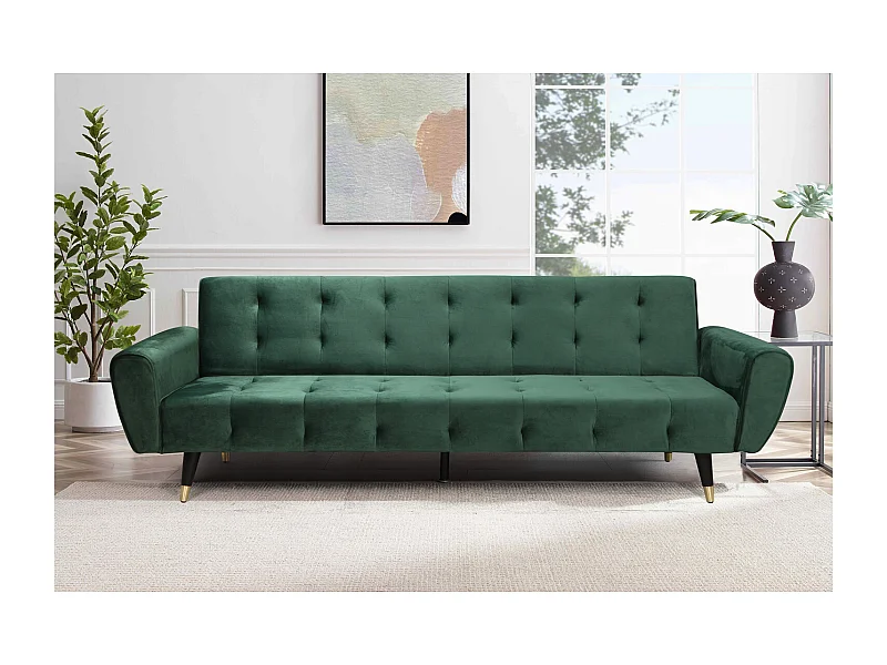 Sofá-Cama Conversível de 3 Lugares em Veludo Verde Ontario Moderno e Confortável