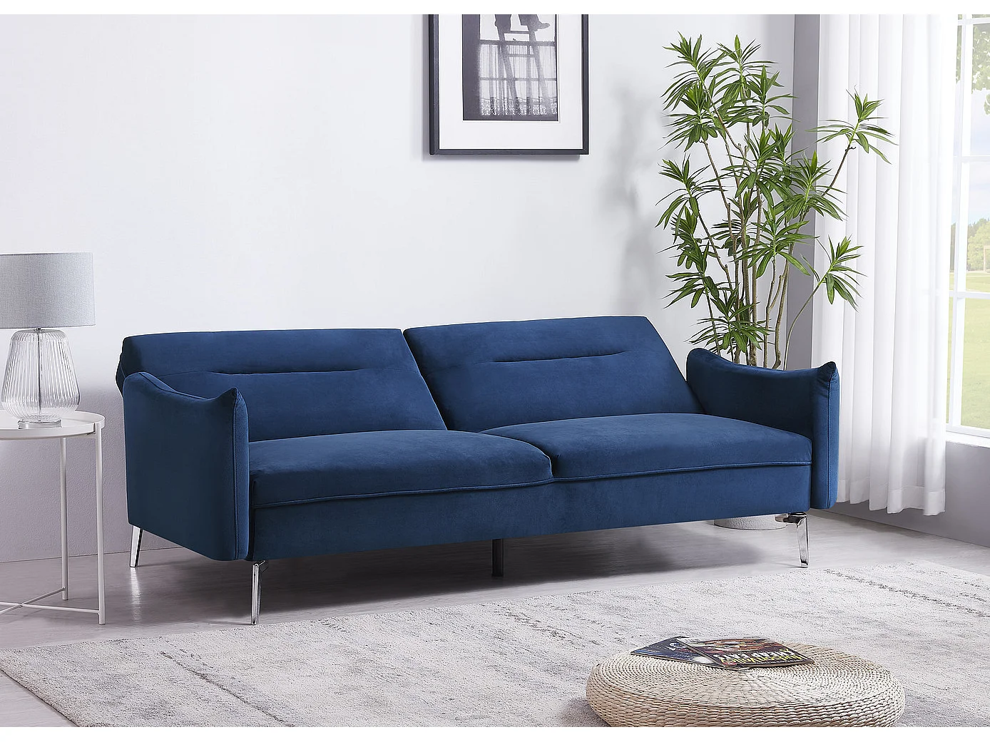 Canapé convertible clic-clac 3 places en velours bleu BETTY
