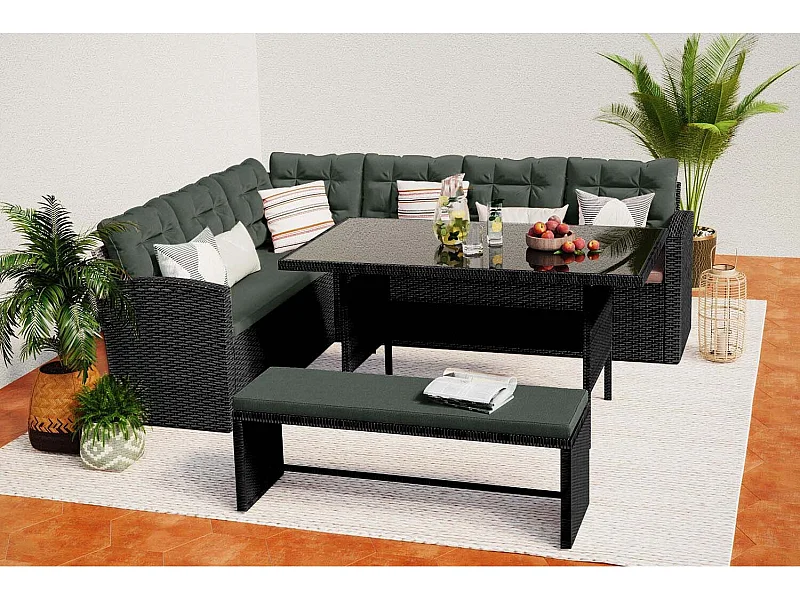 Salon de jardin 8 places en résine anthracite et coussins verts MOOREA