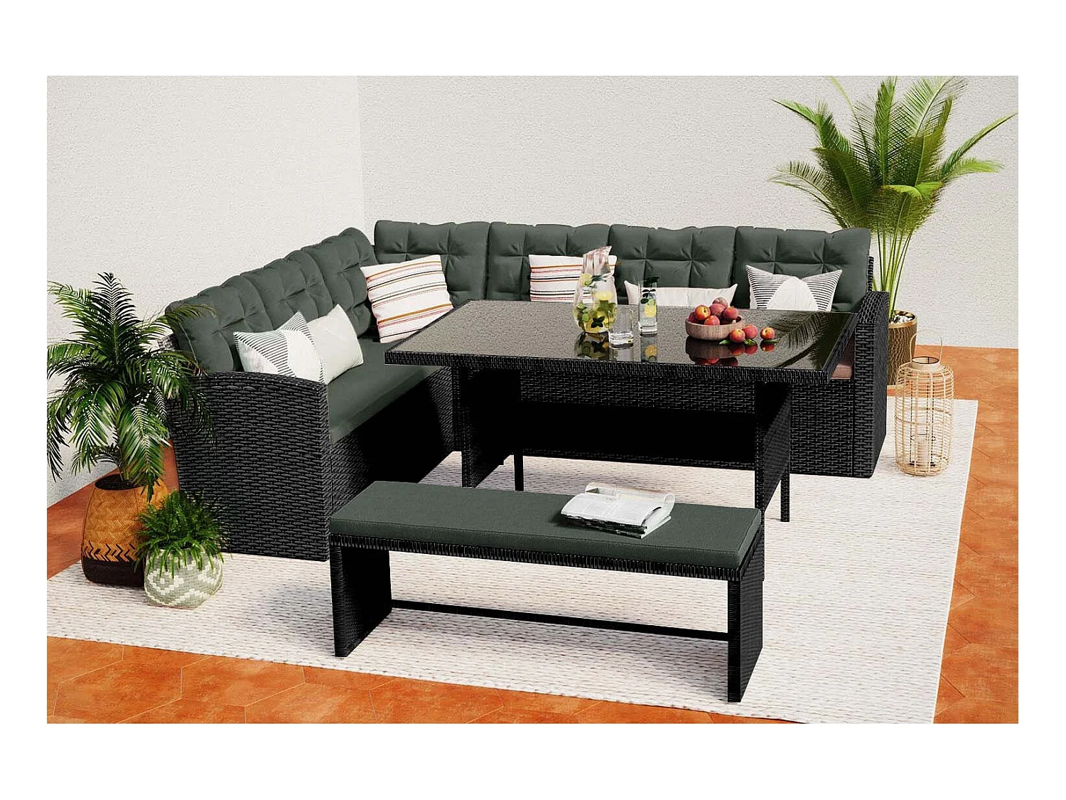 Salon de jardin 8 places en résine anthracite et coussins verts MOOREA