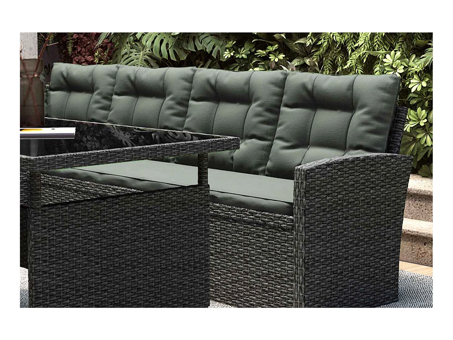 Salon de jardin 8 places en résine anthracite et coussins verts MOOREA