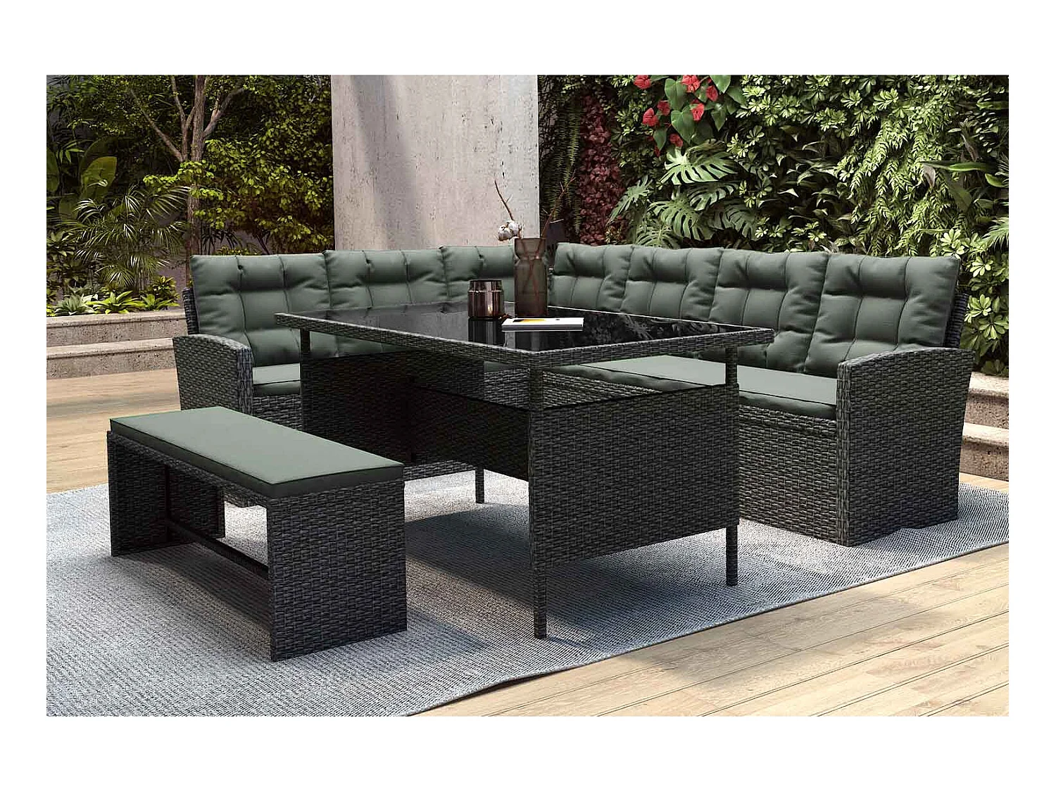 Salon de jardin 8 places en résine anthracite et coussins verts MOOREA