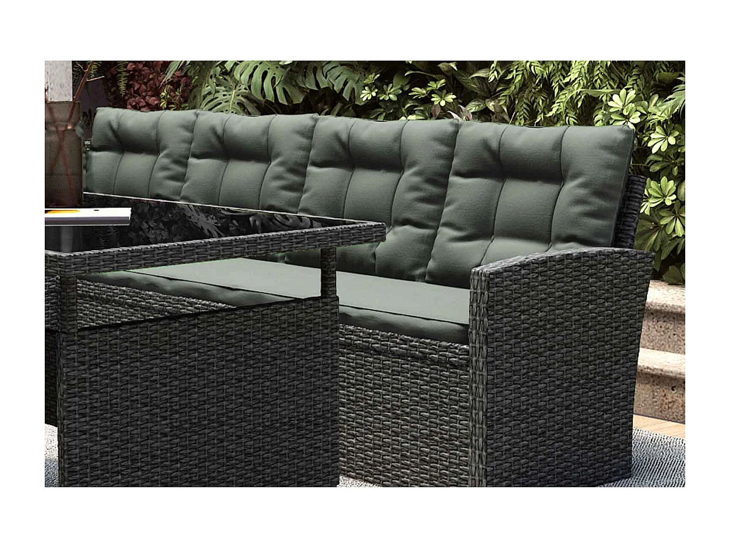 Salon de jardin 8 places en résine anthracite et coussins verts MOOREA